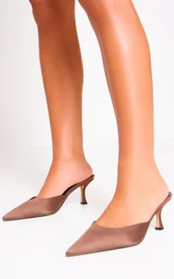 PrettyLittleThing Mules*Chocolate Satin Point Toe Mid Stiletto Heeled Mules