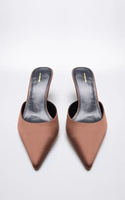 PrettyLittleThing Mules*Chocolate Satin Point Toe Mid Stiletto Heeled Mules