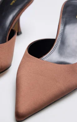 PrettyLittleThing Mules*Chocolate Satin Point Toe Mid Stiletto Heeled Mules