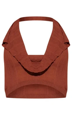 Sale PrettyLittleThing Sheer Ribbed Knit Cowl Neck Halterneck Top Chocolate