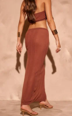 Best PrettyLittleThing Sheer Ribbed Knit Ruched Side Maxi Skirt Chocolate