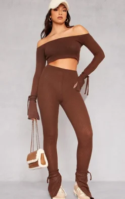 Clearance PrettyLittleThing Sheer Soft Rib Split Hem Tie Detail Leggings Chocolate