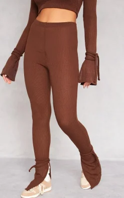 Clearance PrettyLittleThing Sheer Soft Rib Split Hem Tie Detail Leggings Chocolate