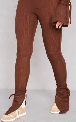 Clearance PrettyLittleThing Sheer Soft Rib Split Hem Tie Detail Leggings Chocolate