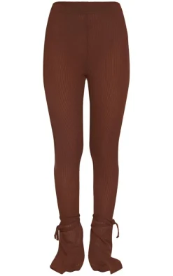 Clearance PrettyLittleThing Sheer Soft Rib Split Hem Tie Detail Leggings Chocolate