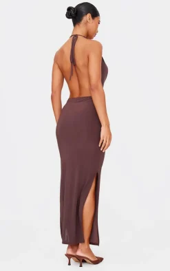 Chocolate Slinky Cowl Halterneck Maxi Dress-PrettyLittleThing New
