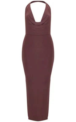 Chocolate Slinky Cowl Halterneck Maxi Dress-PrettyLittleThing New