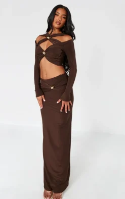 PrettyLittleThing Chocolate Slinky Cut Out Twist Trim Mid Rise Maxi Skirt Chocolate.