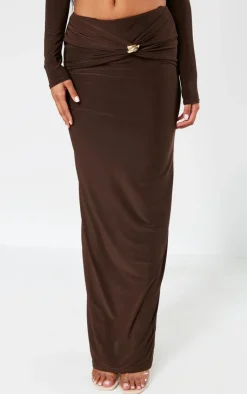 PrettyLittleThing Chocolate Slinky Cut Out Twist Trim Mid Rise Maxi Skirt Chocolate.