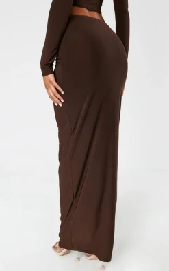 PrettyLittleThing Chocolate Slinky Cut Out Twist Trim Mid Rise Maxi Skirt Chocolate.