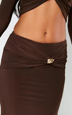 PrettyLittleThing Chocolate Slinky Cut Out Twist Trim Mid Rise Maxi Skirt Chocolate.