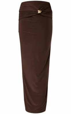 PrettyLittleThing Chocolate Slinky Cut Out Twist Trim Mid Rise Maxi Skirt Chocolate.