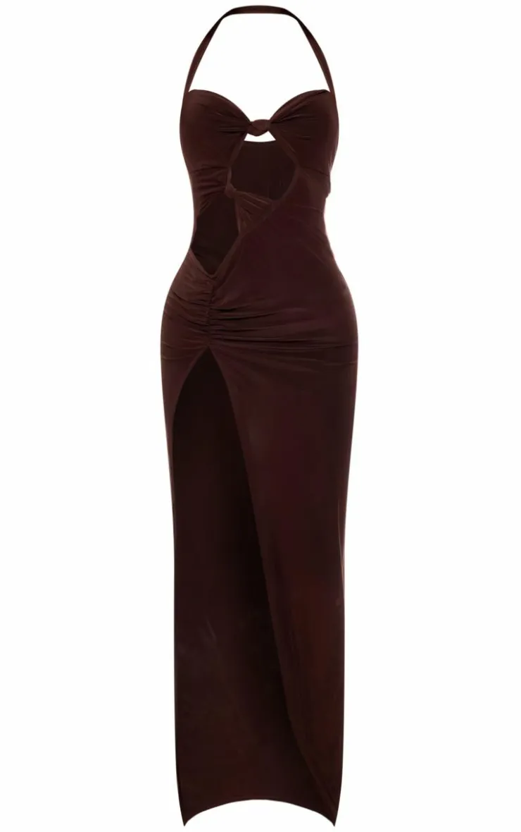 Chocolate Slinky Cut Out Knot Detail Split Maxi Dress-PrettyLittleThing Clearance