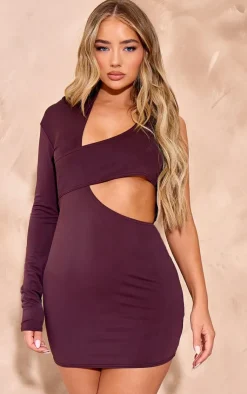 Chocolate Slinky Extreme Cut Out One Sleeve Mini Dress-PrettyLittleThing Discount