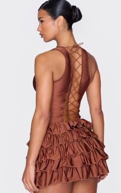 Chocolate Slinky Frill Hem Micro Mini Dress-PrettyLittleThing Outlet