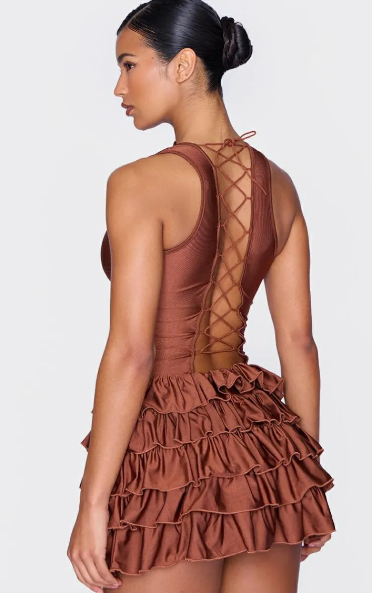 Chocolate Slinky Frill Hem Micro Mini Dress-PrettyLittleThing Outlet