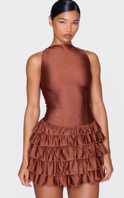Chocolate Slinky Frill Hem Micro Mini Dress-PrettyLittleThing Outlet