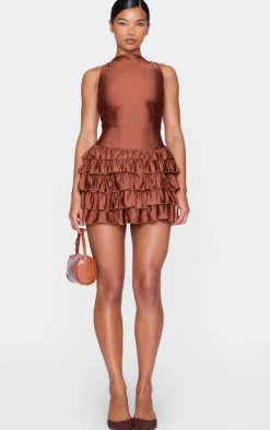 Chocolate Slinky Frill Hem Micro Mini Dress-PrettyLittleThing Outlet
