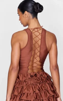 Chocolate Slinky Frill Hem Micro Mini Dress-PrettyLittleThing Outlet