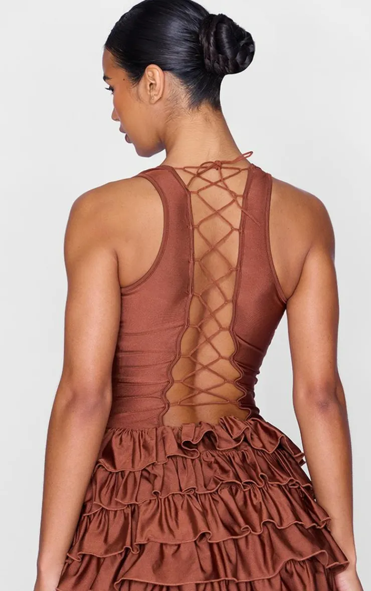 Chocolate Slinky Frill Hem Micro Mini Dress-PrettyLittleThing Outlet