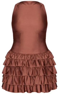 Chocolate Slinky Frill Hem Micro Mini Dress-PrettyLittleThing Outlet
