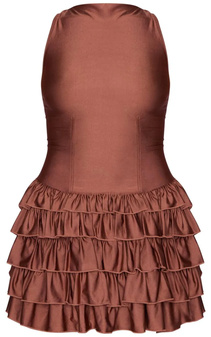 Chocolate Slinky Frill Hem Micro Mini Dress-PrettyLittleThing Outlet