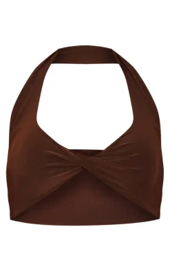 Online PrettyLittleThing Slinky Front Twist Halterneck Top Chocolate