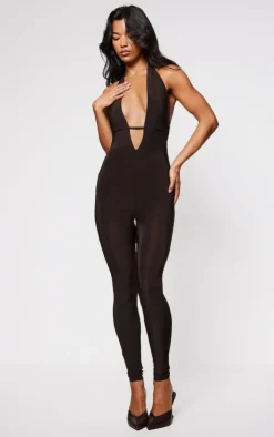 Chocolate Slinky Halter Neck Jumpsuit-PrettyLittleThing Outlet