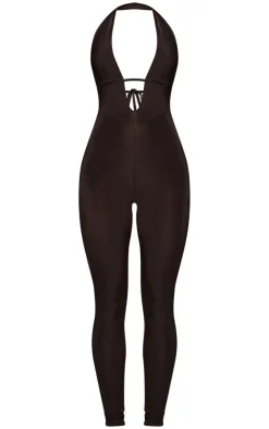 Chocolate Slinky Halter Neck Jumpsuit-PrettyLittleThing Outlet