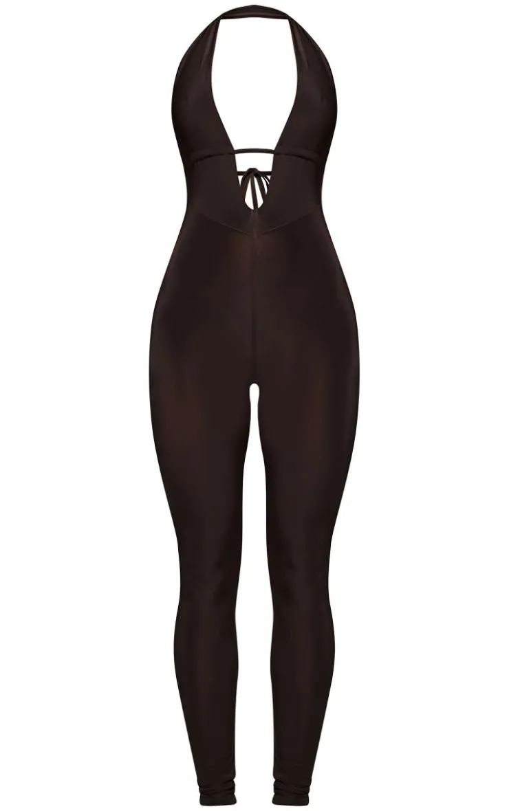 Chocolate Slinky Halter Neck Jumpsuit-PrettyLittleThing Outlet