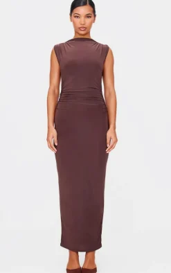 PrettyLittleThing Winter Dresses*Slinky High Neck Ruched Side Midaxi Dress