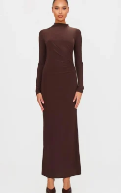 Chocolate Slinky Long Sleeve Maxi Dress-PrettyLittleThing Sale