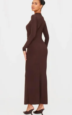 Chocolate Slinky Long Sleeve Maxi Dress-PrettyLittleThing Sale