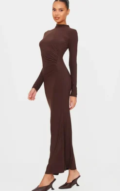 Chocolate Slinky Long Sleeve Maxi Dress-PrettyLittleThing Sale