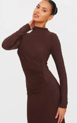 Chocolate Slinky Long Sleeve Maxi Dress-PrettyLittleThing Sale