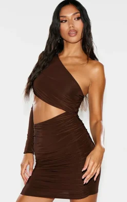 Chocolate Slinky One Shoulder Waist Cut Out Ruched Bodycon-PrettyLittleThing Hot