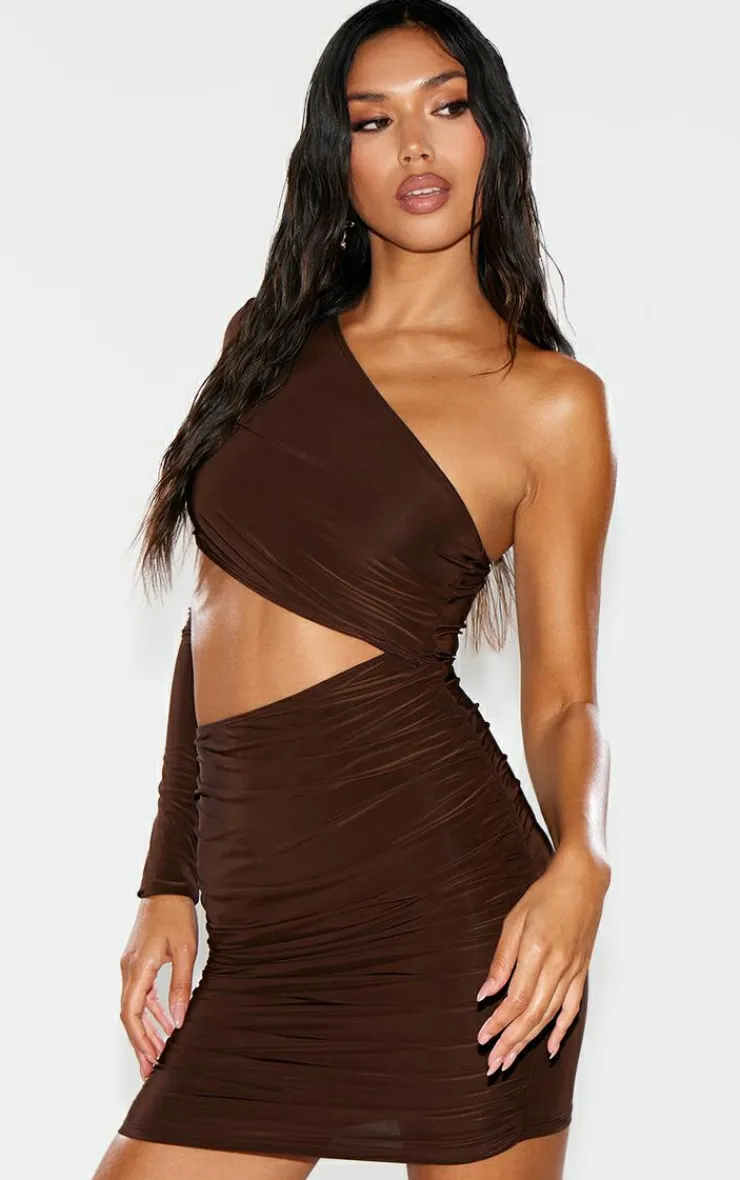 Chocolate Slinky One Shoulder Waist Cut Out Ruched Bodycon-PrettyLittleThing Hot