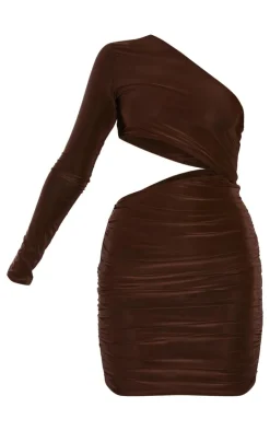 Chocolate Slinky One Shoulder Waist Cut Out Ruched Bodycon-PrettyLittleThing Hot