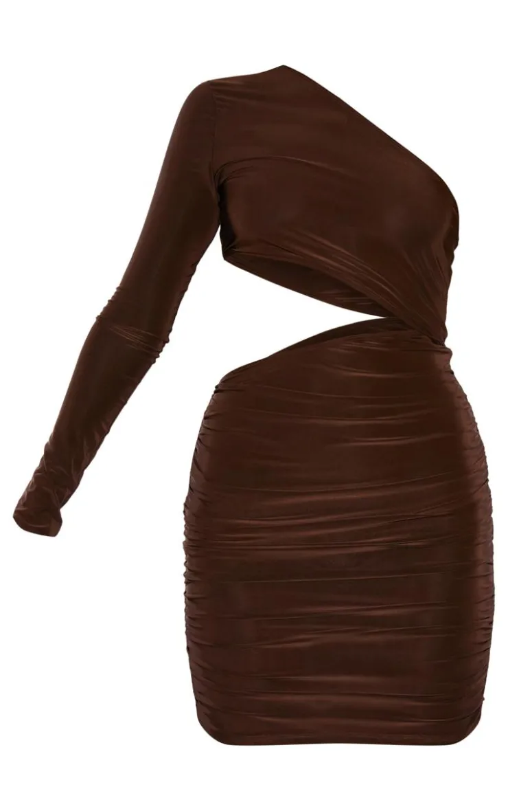 Chocolate Slinky One Shoulder Waist Cut Out Ruched Bodycon-PrettyLittleThing Hot