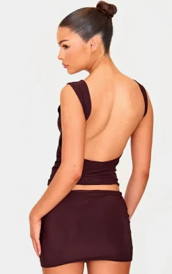 Online PrettyLittleThing Slinky Open Back Cap Sleeve Longline Top Chocolate