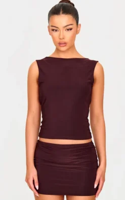 Online PrettyLittleThing Slinky Open Back Cap Sleeve Longline Top Chocolate