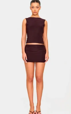Online PrettyLittleThing Slinky Open Back Cap Sleeve Longline Top Chocolate
