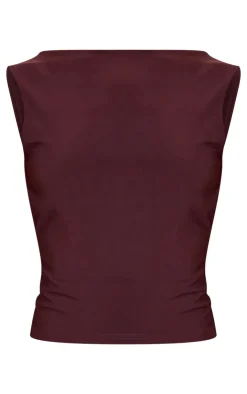 Online PrettyLittleThing Slinky Open Back Cap Sleeve Longline Top Chocolate