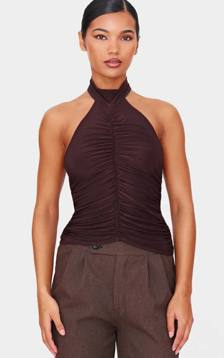 PrettyLittleThing Sleeveless Tops*Chocolate Slinky Ruched High Neck Long Top