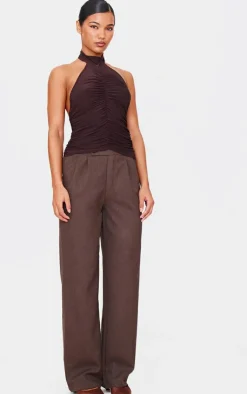 PrettyLittleThing Sleeveless Tops*Chocolate Slinky Ruched High Neck Long Top