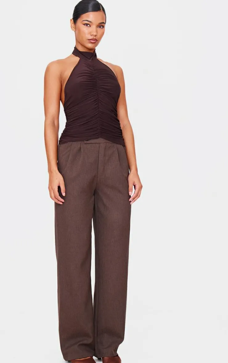 PrettyLittleThing Sleeveless Tops*Chocolate Slinky Ruched High Neck Long Top