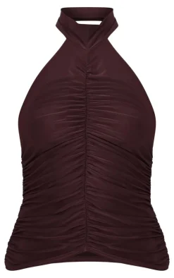 PrettyLittleThing Sleeveless Tops*Chocolate Slinky Ruched High Neck Long Top