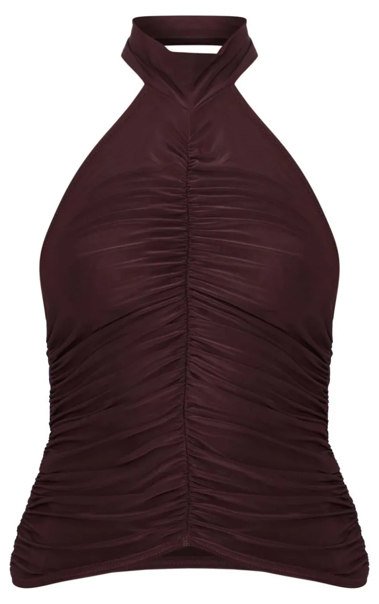 PrettyLittleThing Sleeveless Tops*Chocolate Slinky Ruched High Neck Long Top