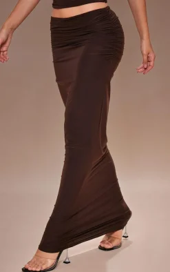 Best PrettyLittleThing Slinky Ruched Maxi Skirt Chocolate