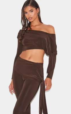 Clearance PrettyLittleThing Slinky Ruched Off The Shoulder Long Sleeve Top Chocolate